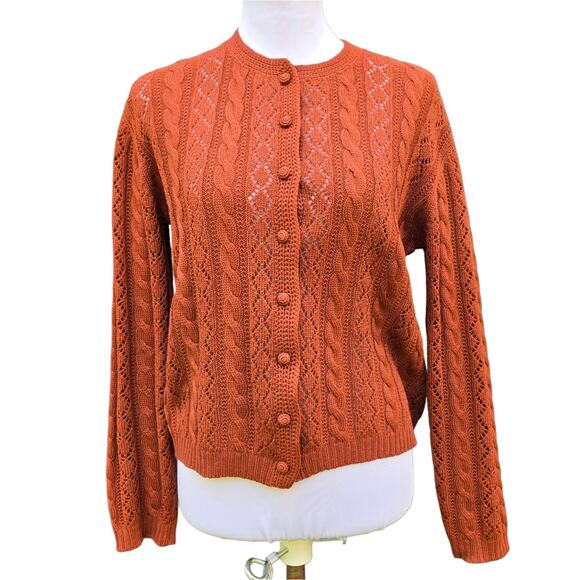 VTG Cardigan Rust Orange Wool Size M Cable Knit Vintage Button Front Sweater - Picture 2 of 10